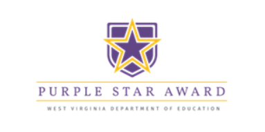 The image shown is a purple star outlined in gold placed upon a purple shield , with the words "Purple Star Award- West Virginia Department of Education" written below.